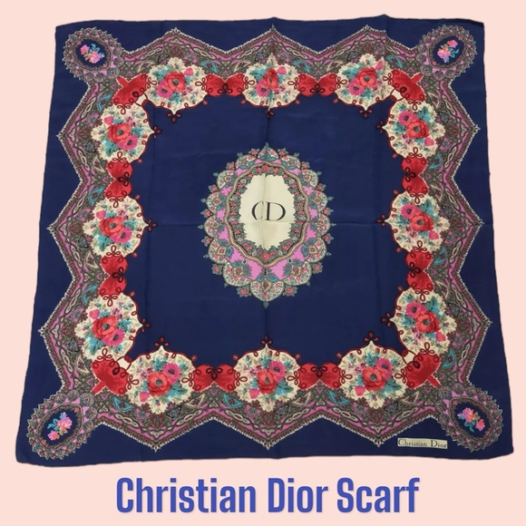 Dior Accessories - Christian Dior scarf Navy & floral- Large CD logo
